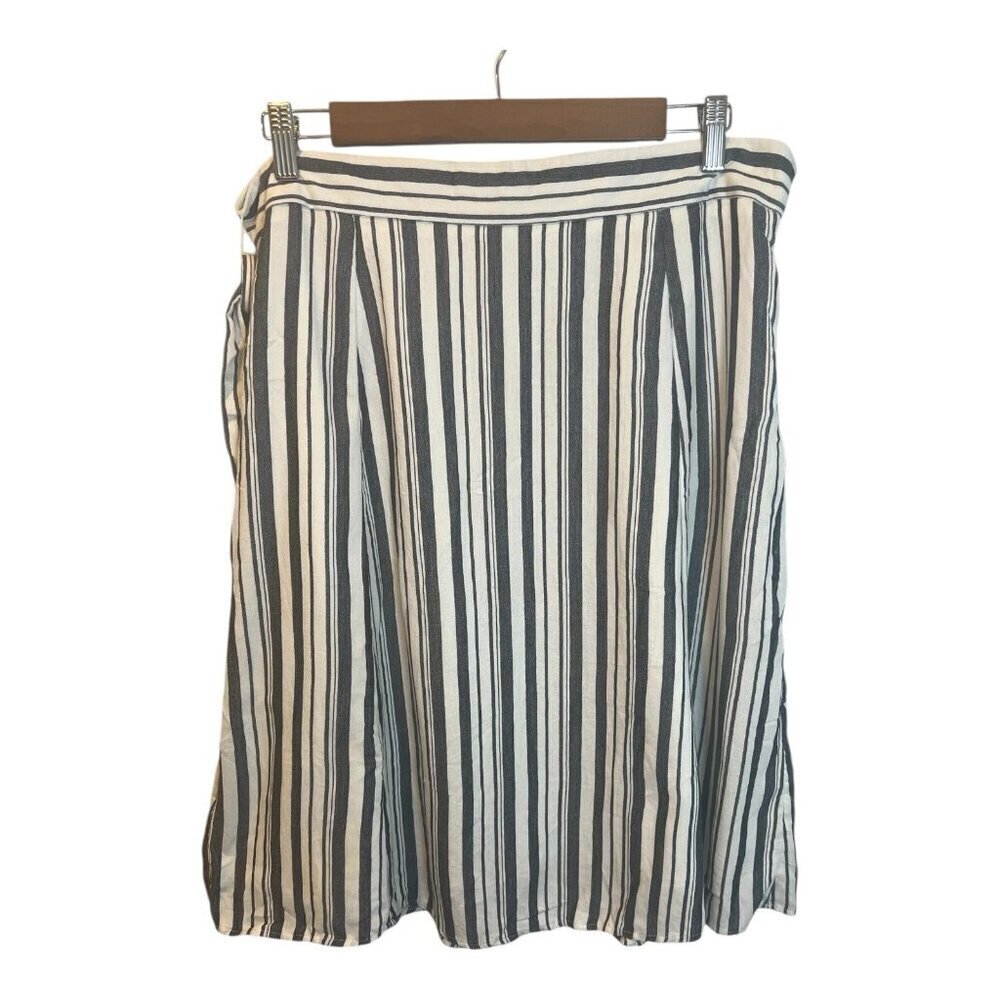 Loft Black White Striped Midi Skirt 14 Petite A-Line Tie Belt Side Zipper Lined